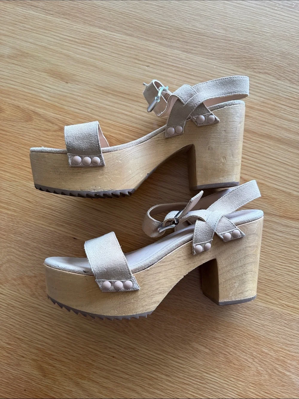SCHUTZ Taupe Suede Platform Sandals with Wooden Block Heel